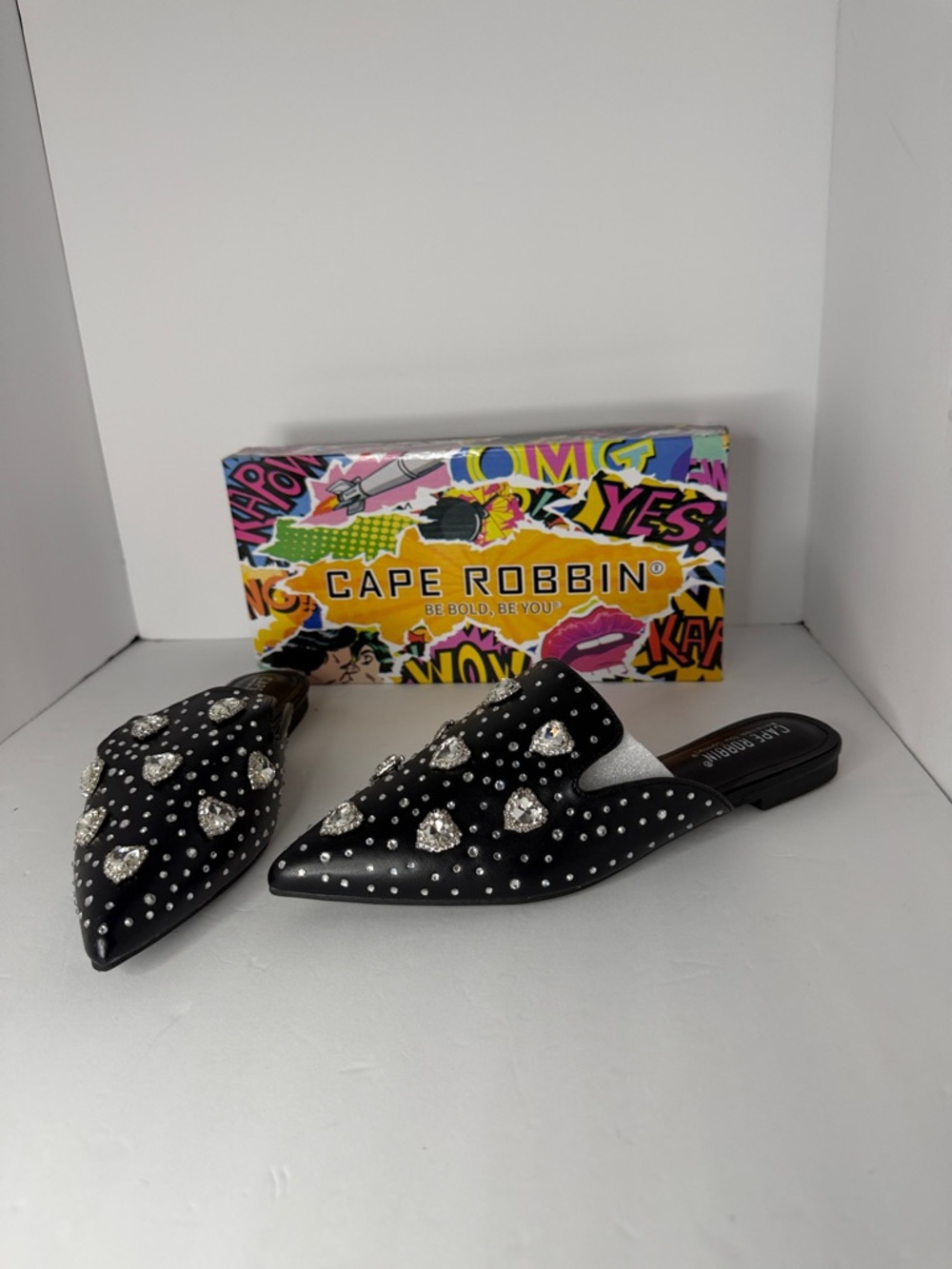 Cape Robbin Black Rhinestone Heart Pointed Mules
